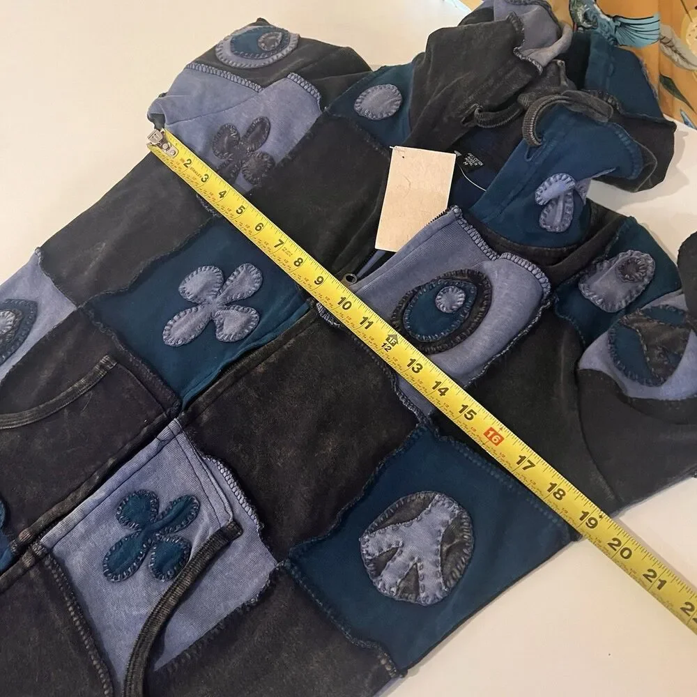 Cotton Jacket Stonewash Hippie Boho  Emo Funky Patchwork Pixie Zip Hoodie Sz M - Picture 5 of 6